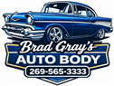 Blue classic car logo for Brad Gray&rsquo;s Auto Body with phone number 269-565-3333
