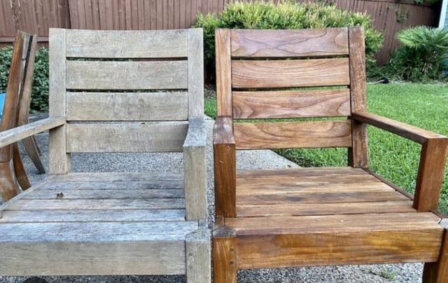 Wooden chair, weathered and gray on the left, restored with rich brown stain on the right, outdoors.