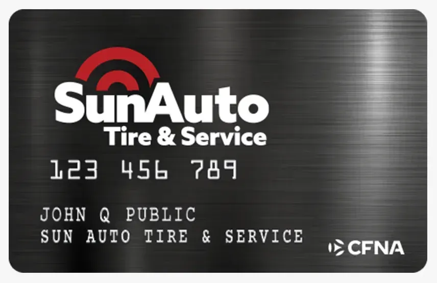 SunAuto Tire & Service credit card with customer details: name, card number, and logo.