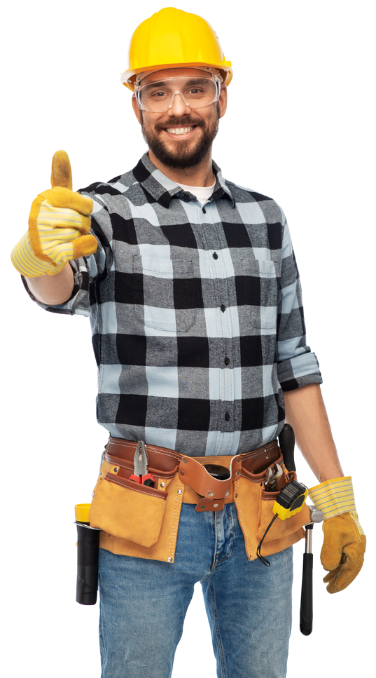 A man wearing a hard hat and gloves is giving a thumbs up.
