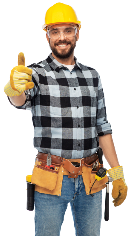A man wearing a hard hat and gloves is giving a thumbs up.