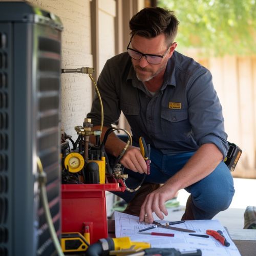 A man is kneeling down and working on a machine.