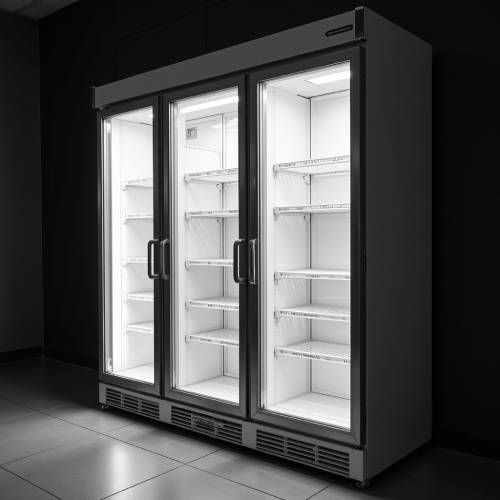 A refrigerator with three glass doors and shelves in a dark room.