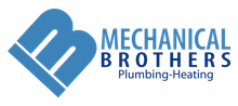 The logo for mechanical brothers plumbing and heating is blue and white.