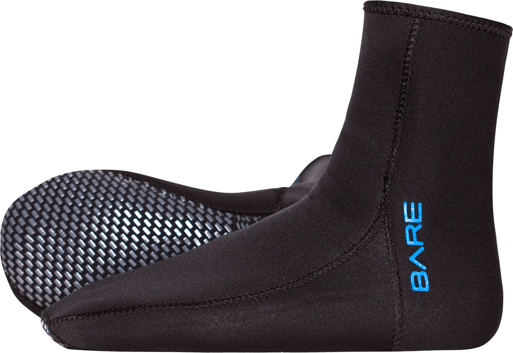 Black neoprene diving boot with textured sole, the brand name