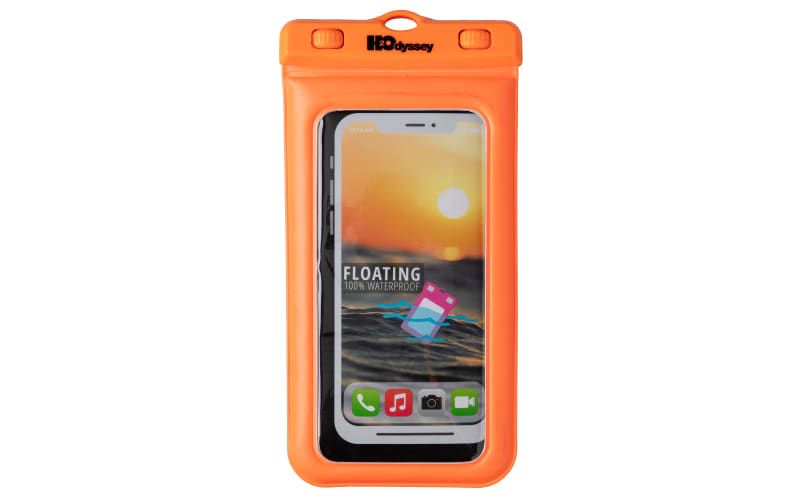 Orange waterproof phone case with phone inside, featuring a sunset scene.