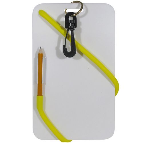White underwater dive slate with yellow pencil holder and lanyard, black clip, and pencil.
