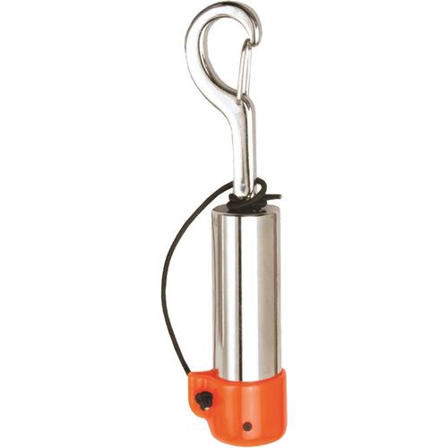 Silver and orange boat safety device with a clip and tether.