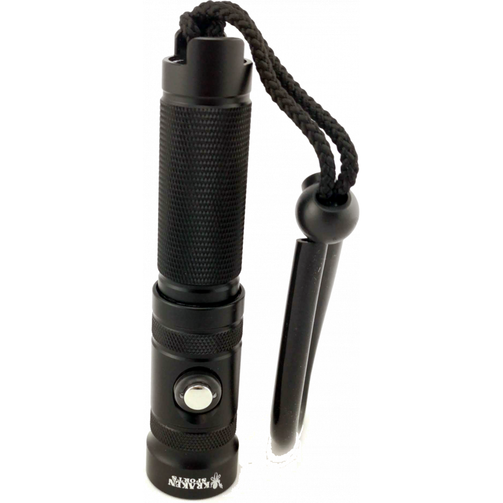 Black cylindrical flashlight with a lanyard and a button, on a white background.