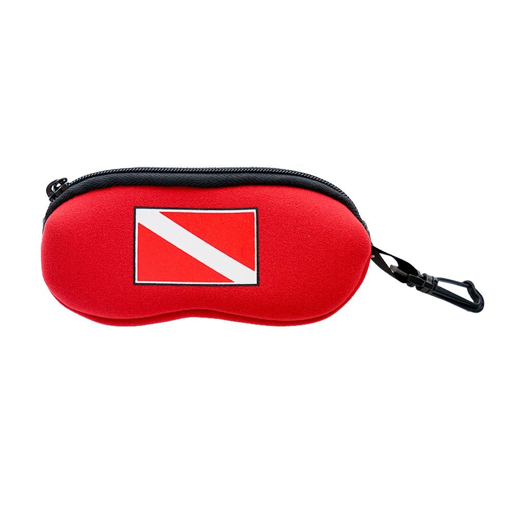Red pouch with dive flag, black zipper, and clip.