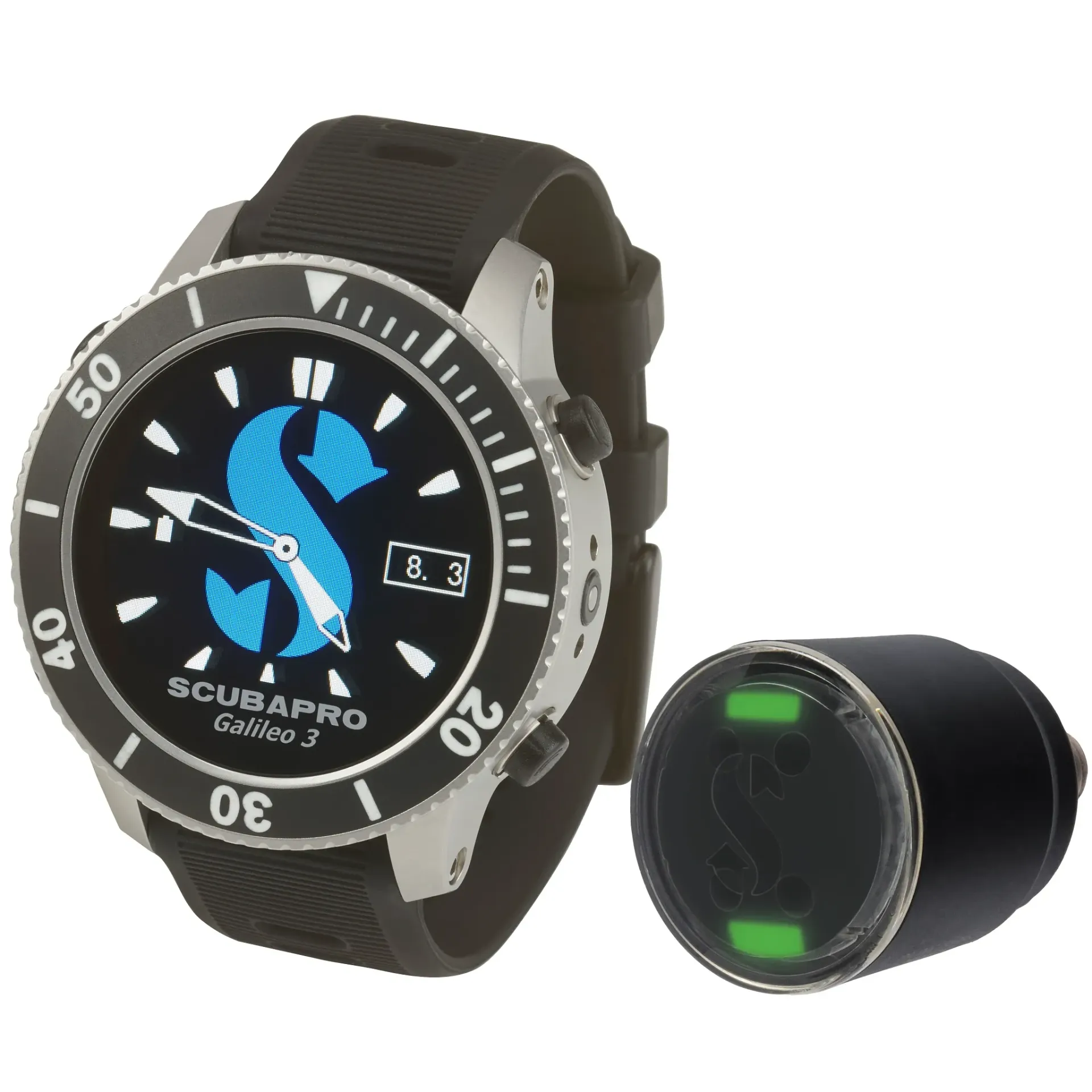 ScubaPro Galileo 3 dive computer watch with black band and a matching tank transmitter.