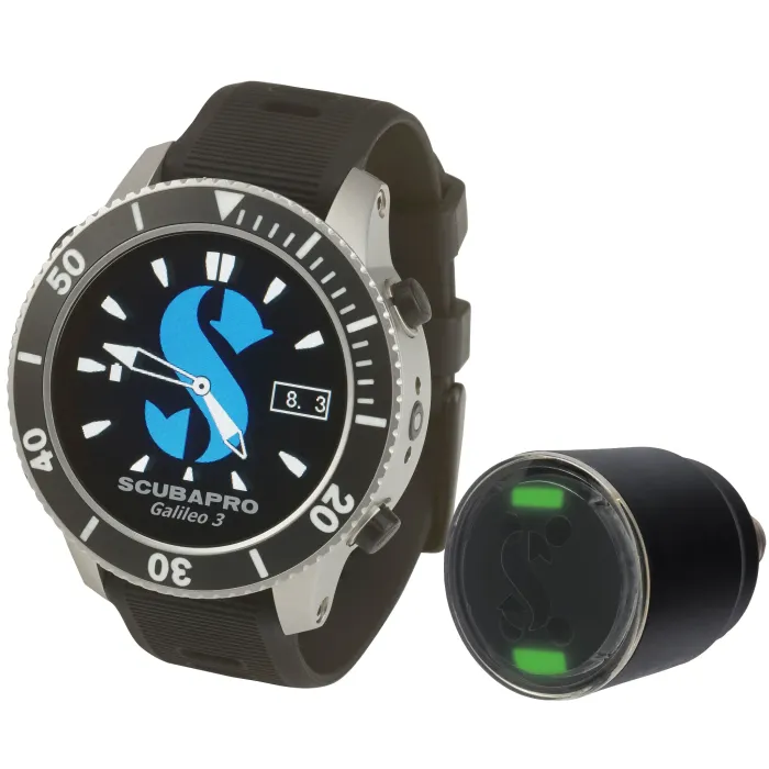 ScubaPro Galileo 3 dive computer watch with black band and a matching tank transmitter.