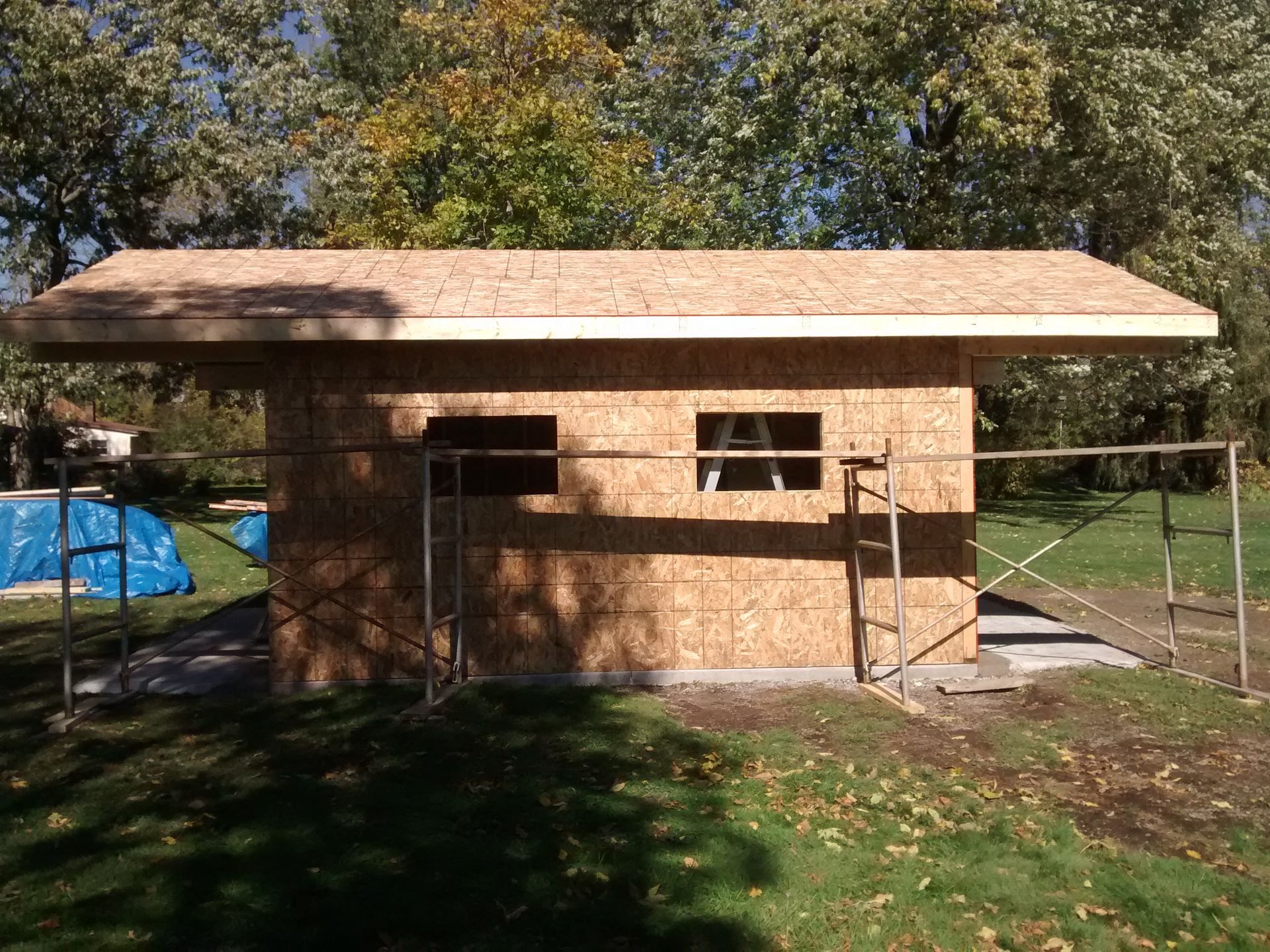 A small wooden shed is being built in a backyard.