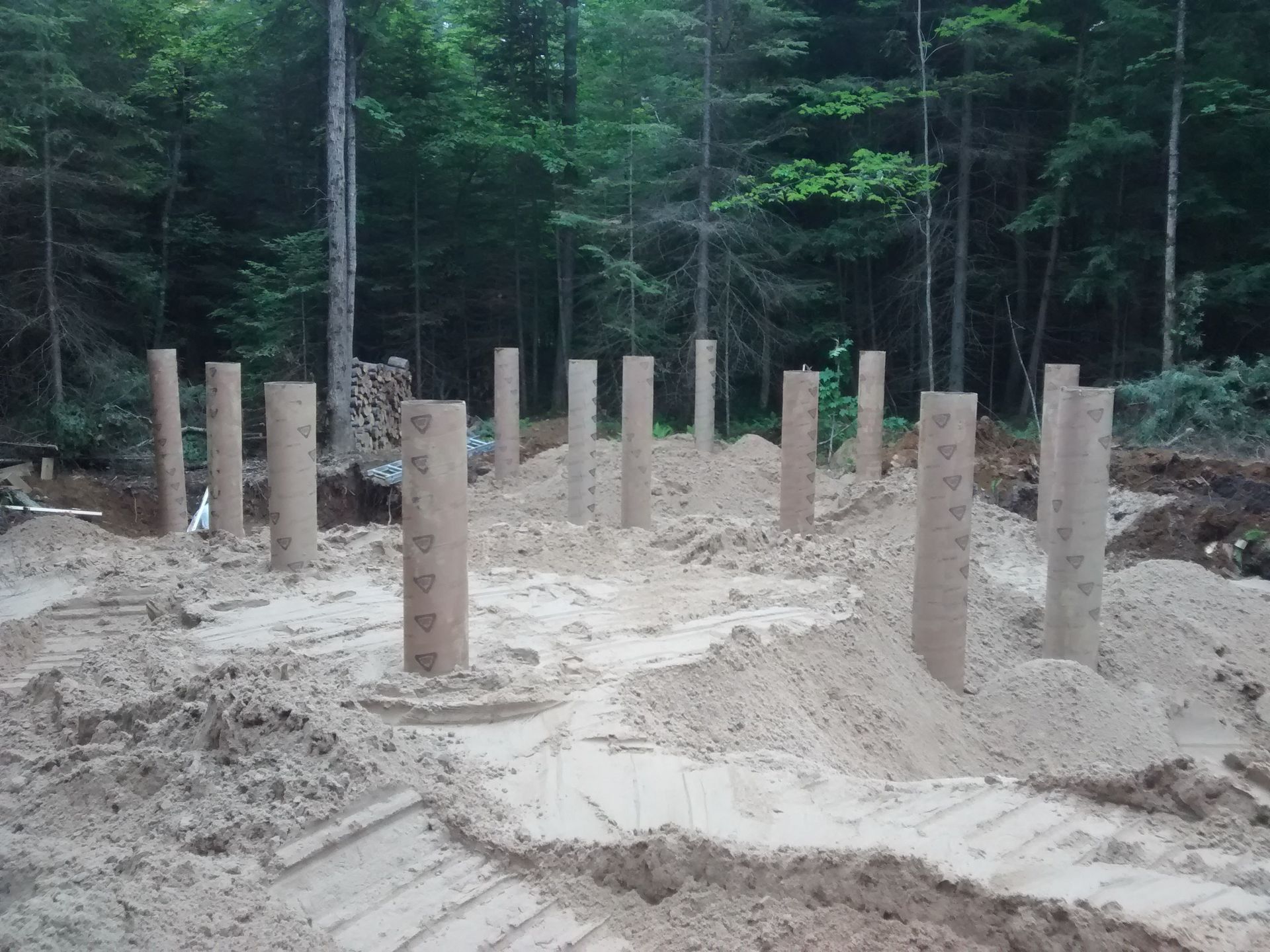 A row of concrete poles in the dirt in the middle of a forest