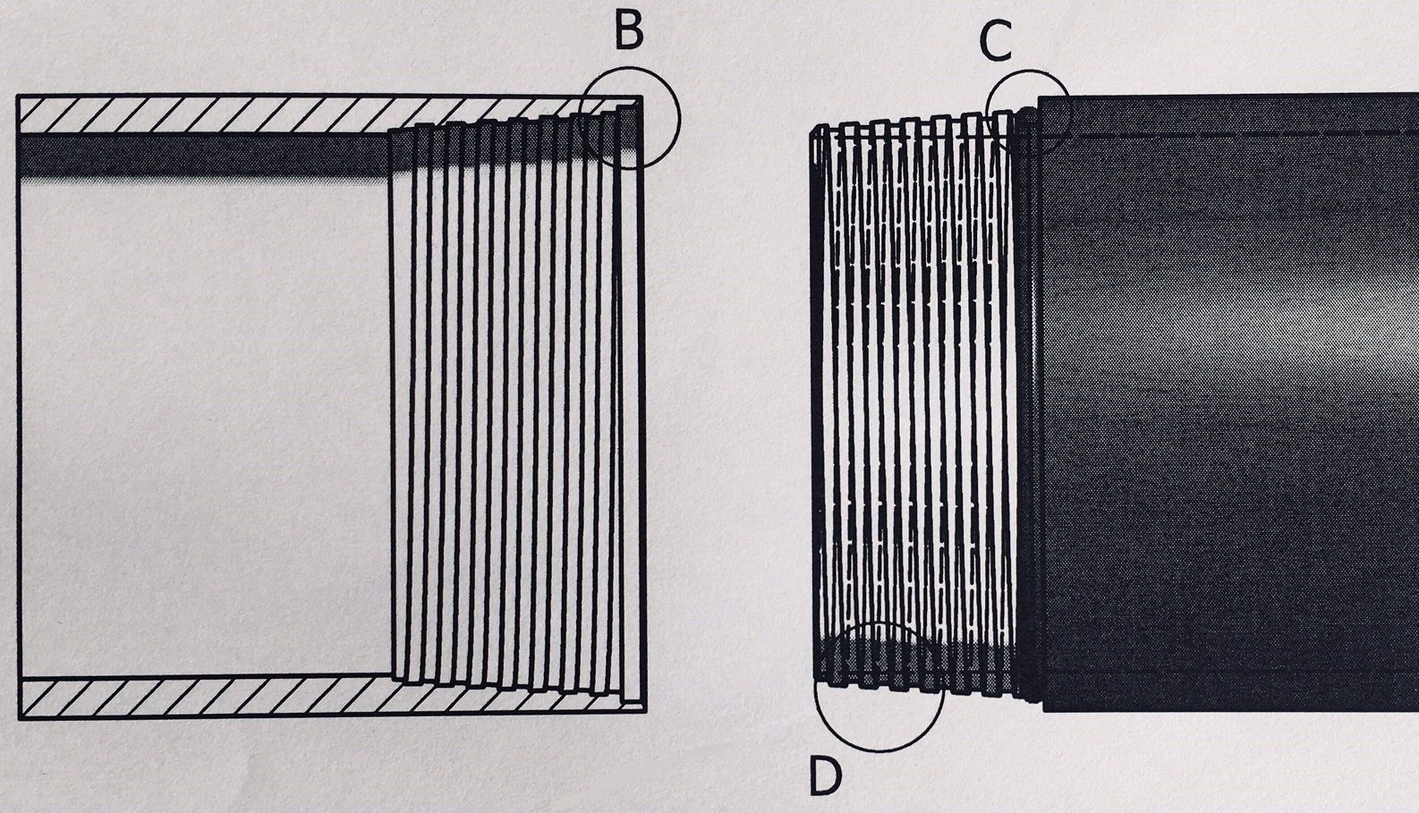 A black and white drawing of a pipe with the letter b on it