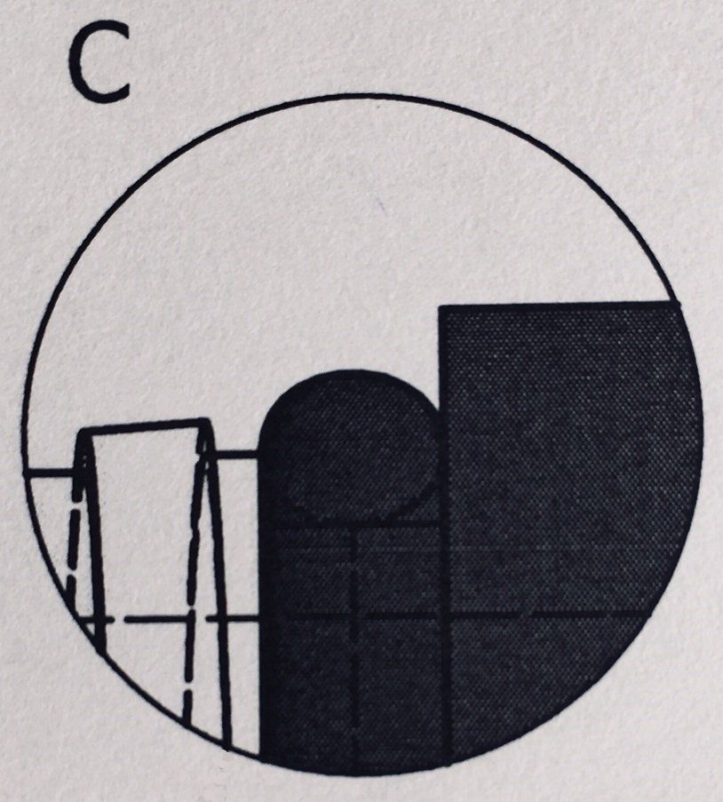 A black and white drawing of a building with the letter c above it