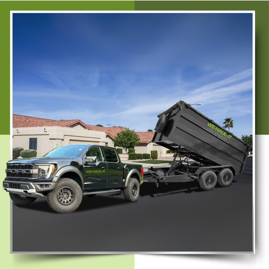 dumpster in front of houses.