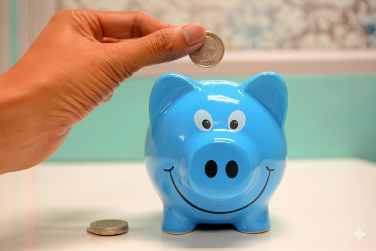 Hand dropping a coin into a blue piggy bank with a smiling face on a white surface.