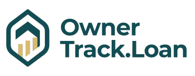 Logo for Owner Track.Loan. Features a green hexagon containing a dark green upwards-pointing arrow and beige bars. Text reads 