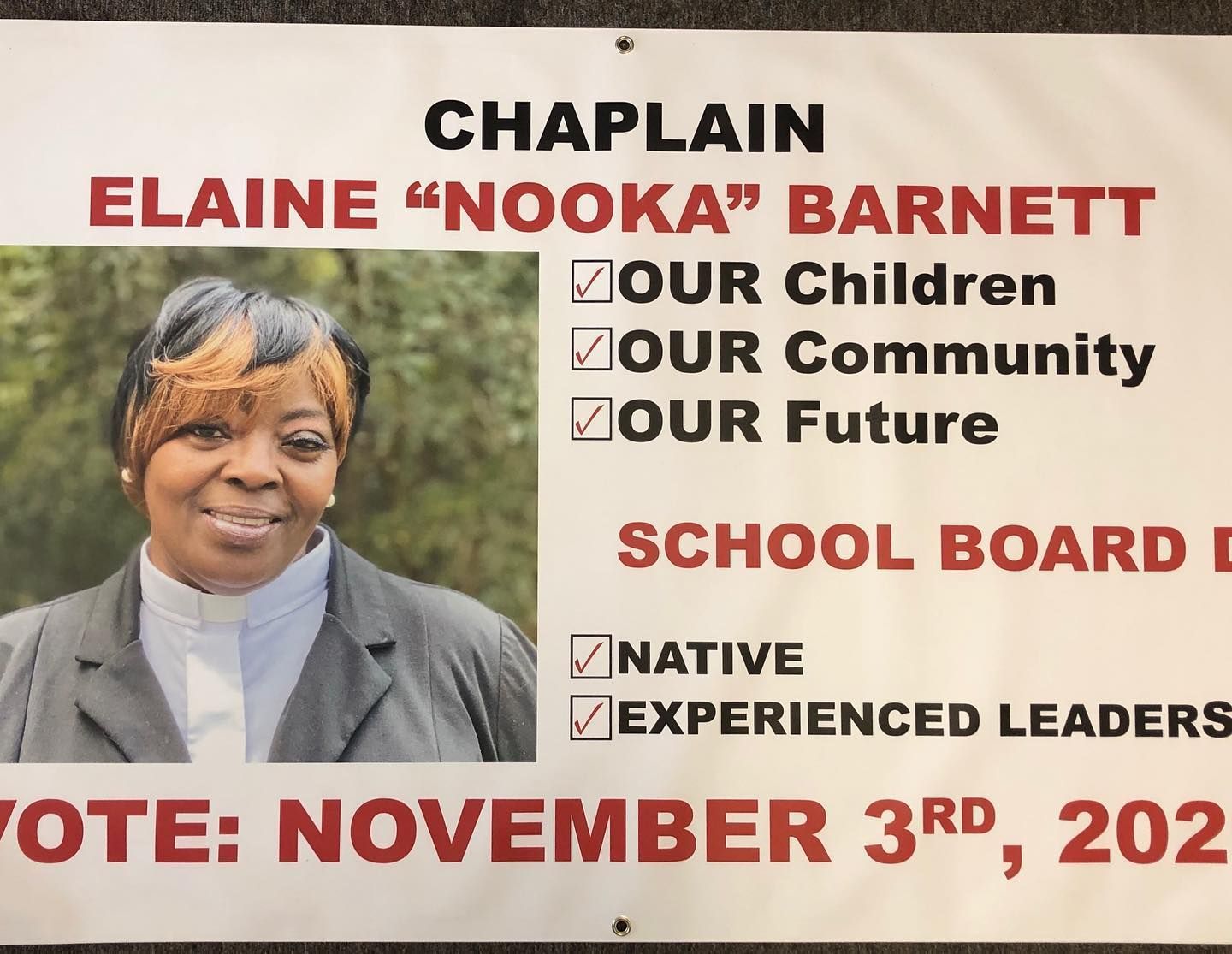 A sign that says chaplain elaine nooka barnett on it
