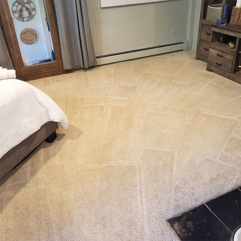 Beige carpet in a room with a bed, wood cabinet, and mirror.