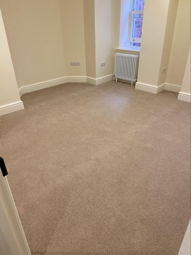 Empty room with beige carpet, white trim, and radiator under a window.