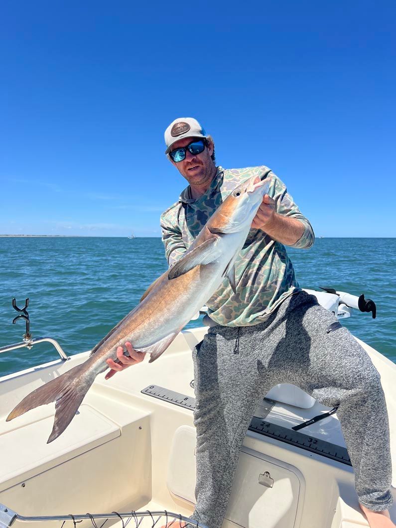 A man is holding a large fish on a boat in the ocean.