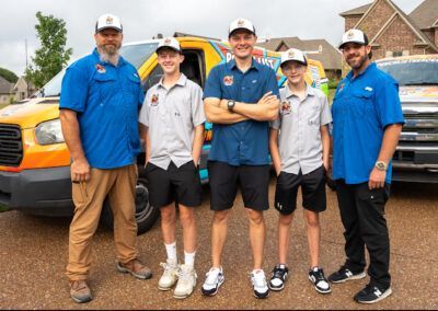 A group of men are standing in front of a van.