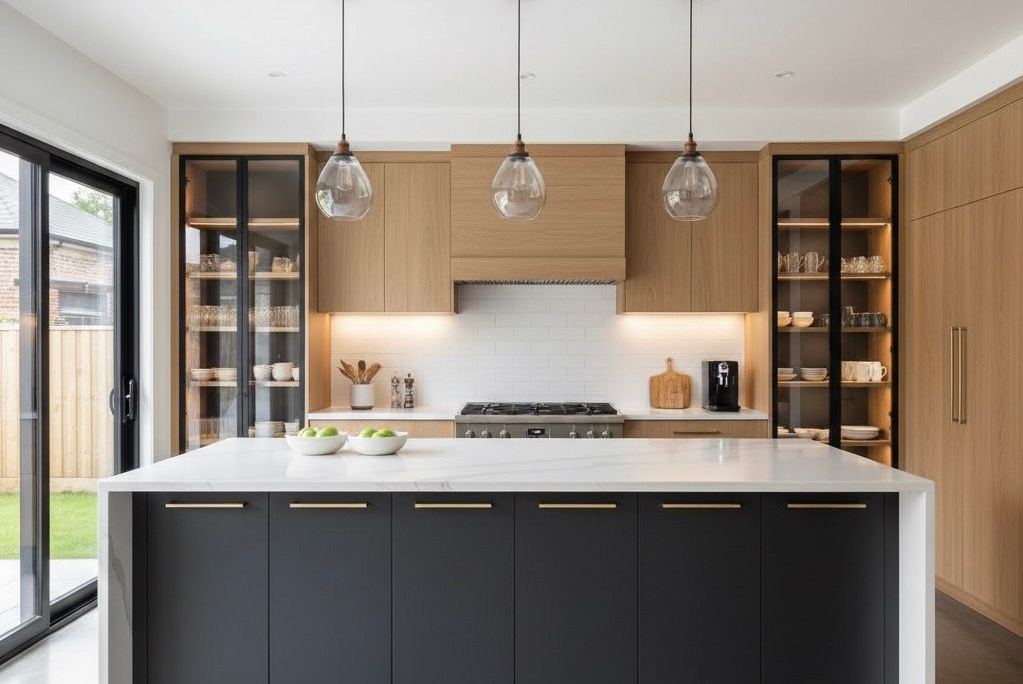 Modern kitchen with island, wood cabinets, and pendant lights.