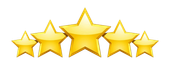 Five gold stars with the center star largest, rating graphic on a white background