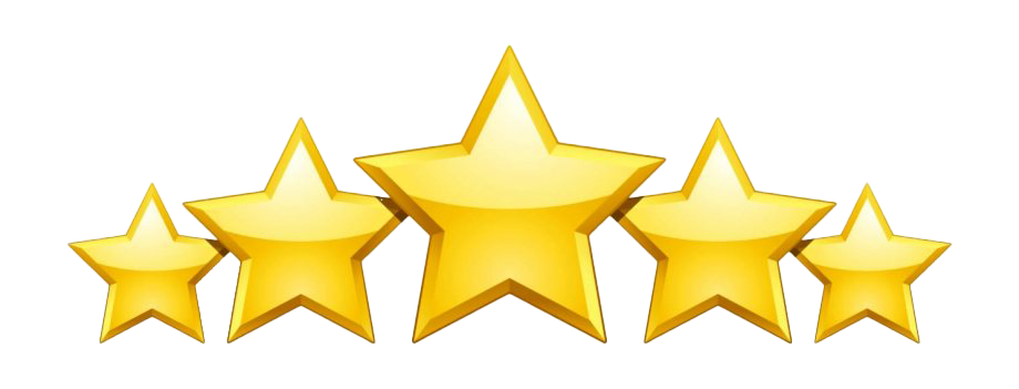 Five gold stars with the center star largest, rating graphic on a white background