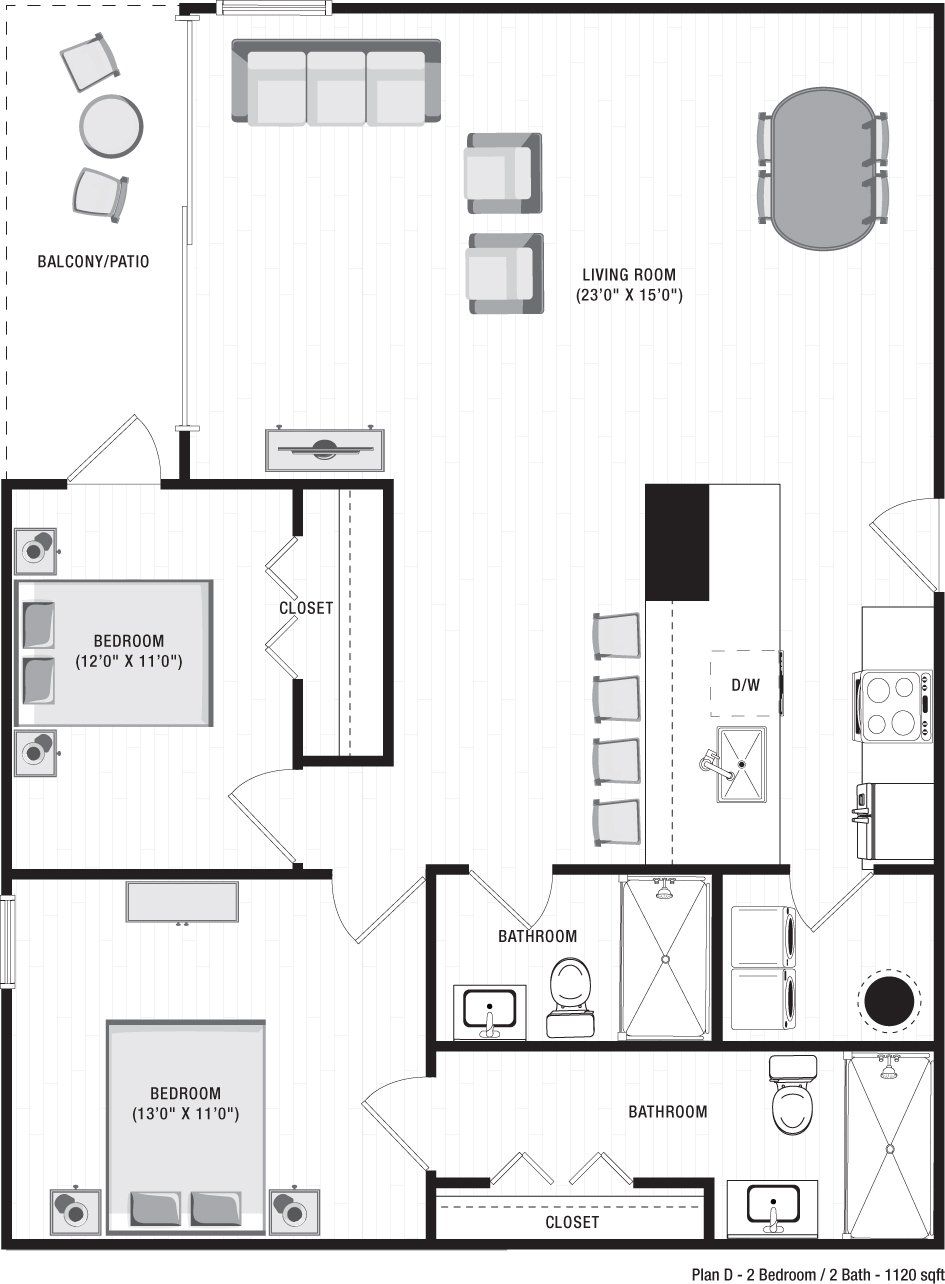 A black and white floor plan of  an apartment at Ilion Apartments in Marietta, GA.