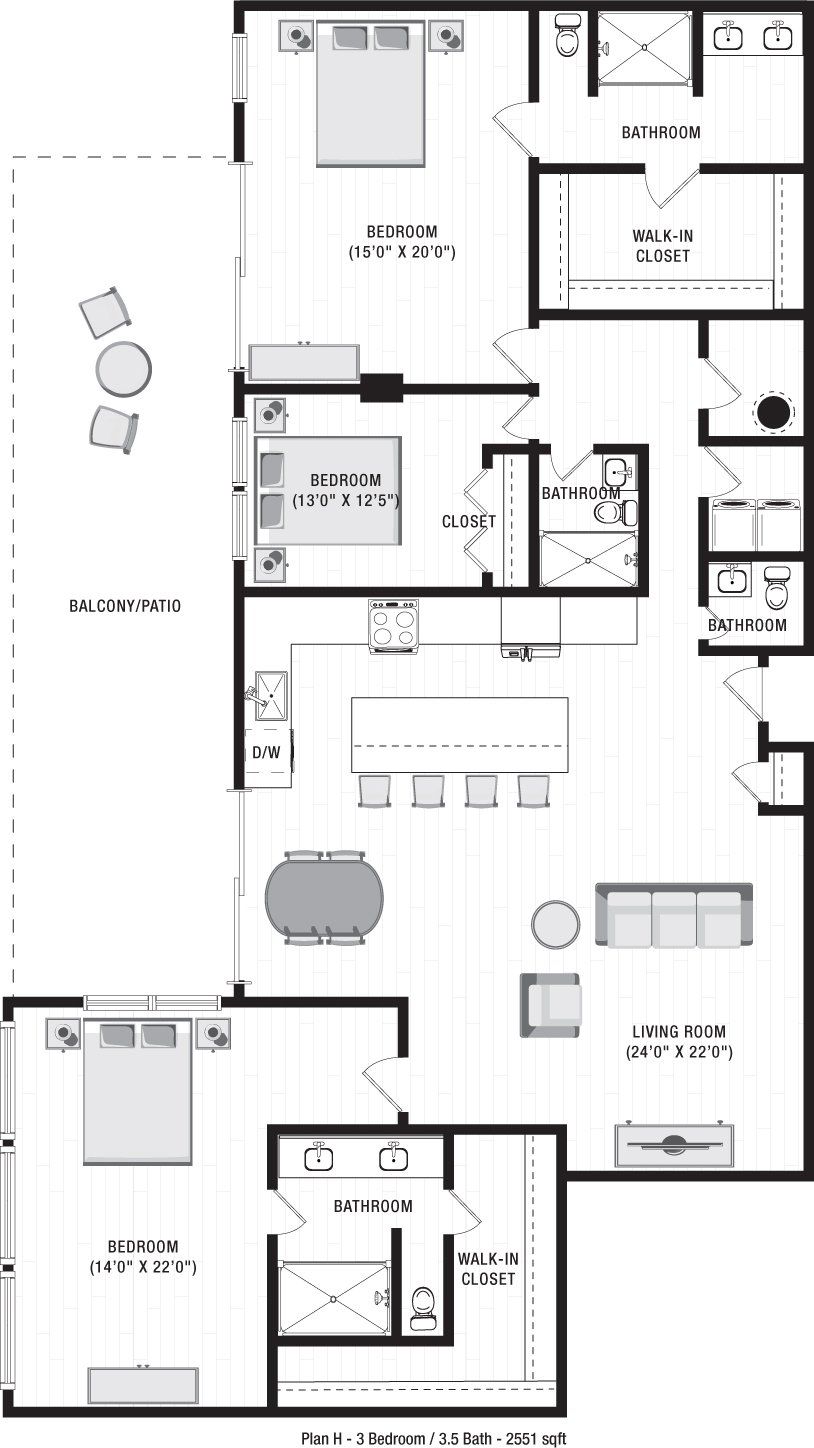A black and white floor plan of an apartment at Ilion Apartments in Marietta, GA.