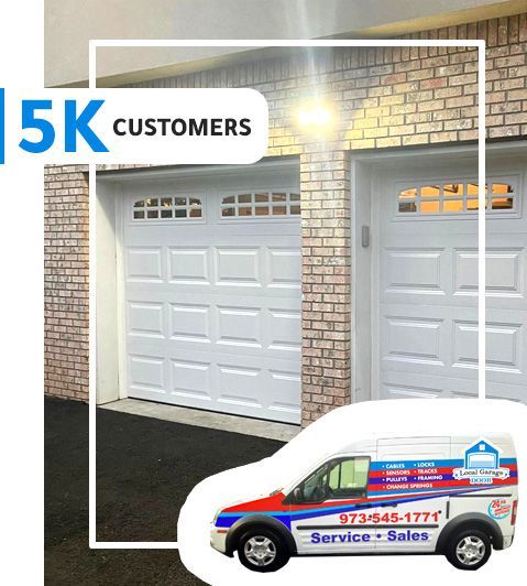 A van that says 5k customers is parked in front of a garage – New Jersey - Local Garage Door
