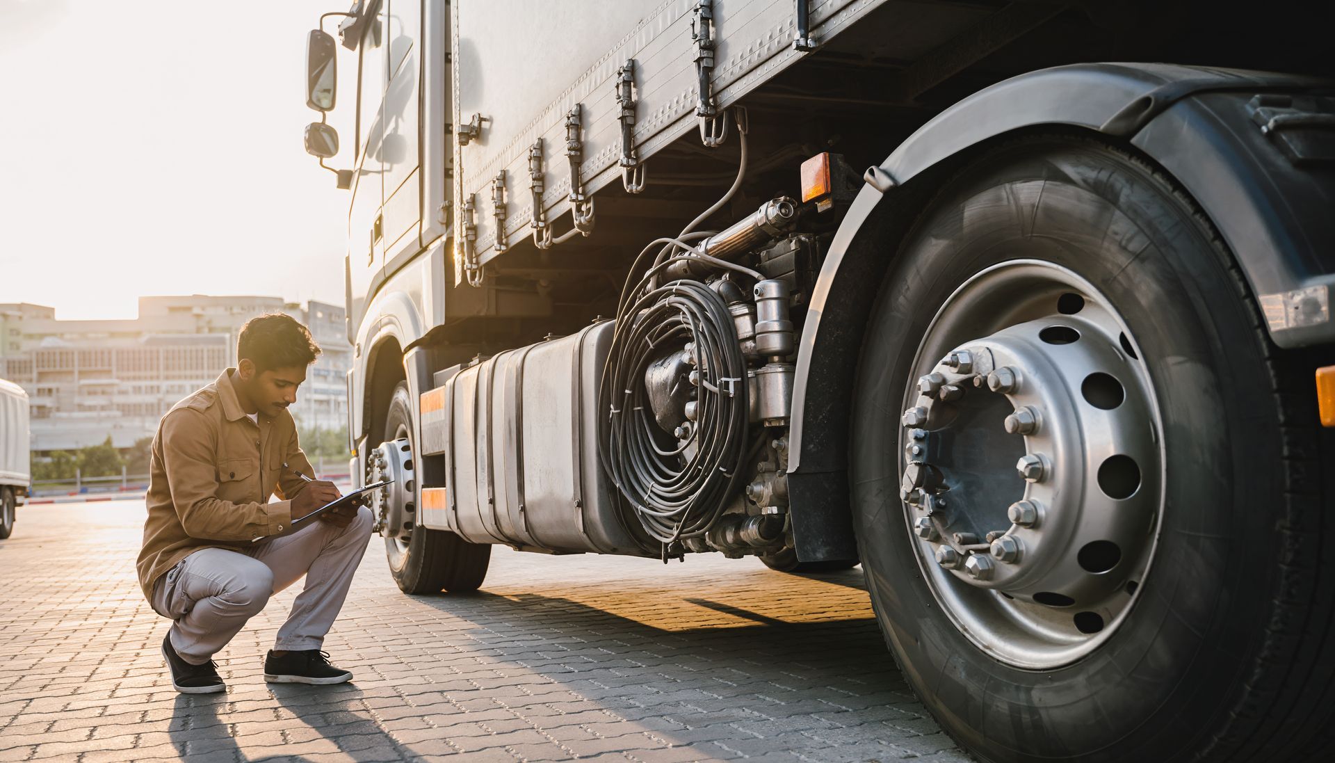 man inspecting a semi-truck