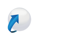 White sphere with blue, curved upward arrow.