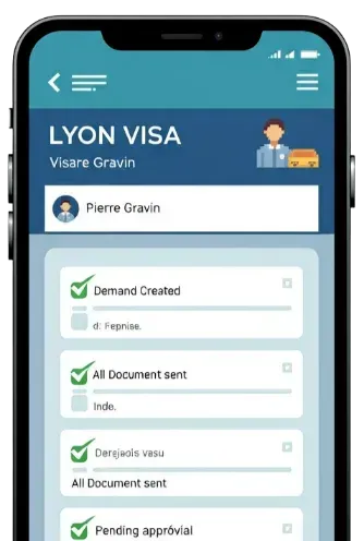 Mobile app screen displaying visa application status, with a progress checklist.