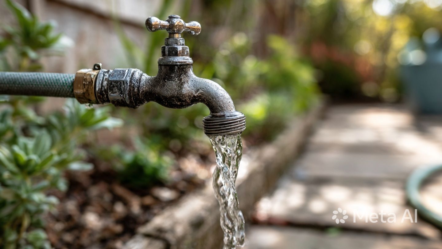 Water flowing from an outdoor garden faucet into a pipe, with a blurred path and plants in the background
