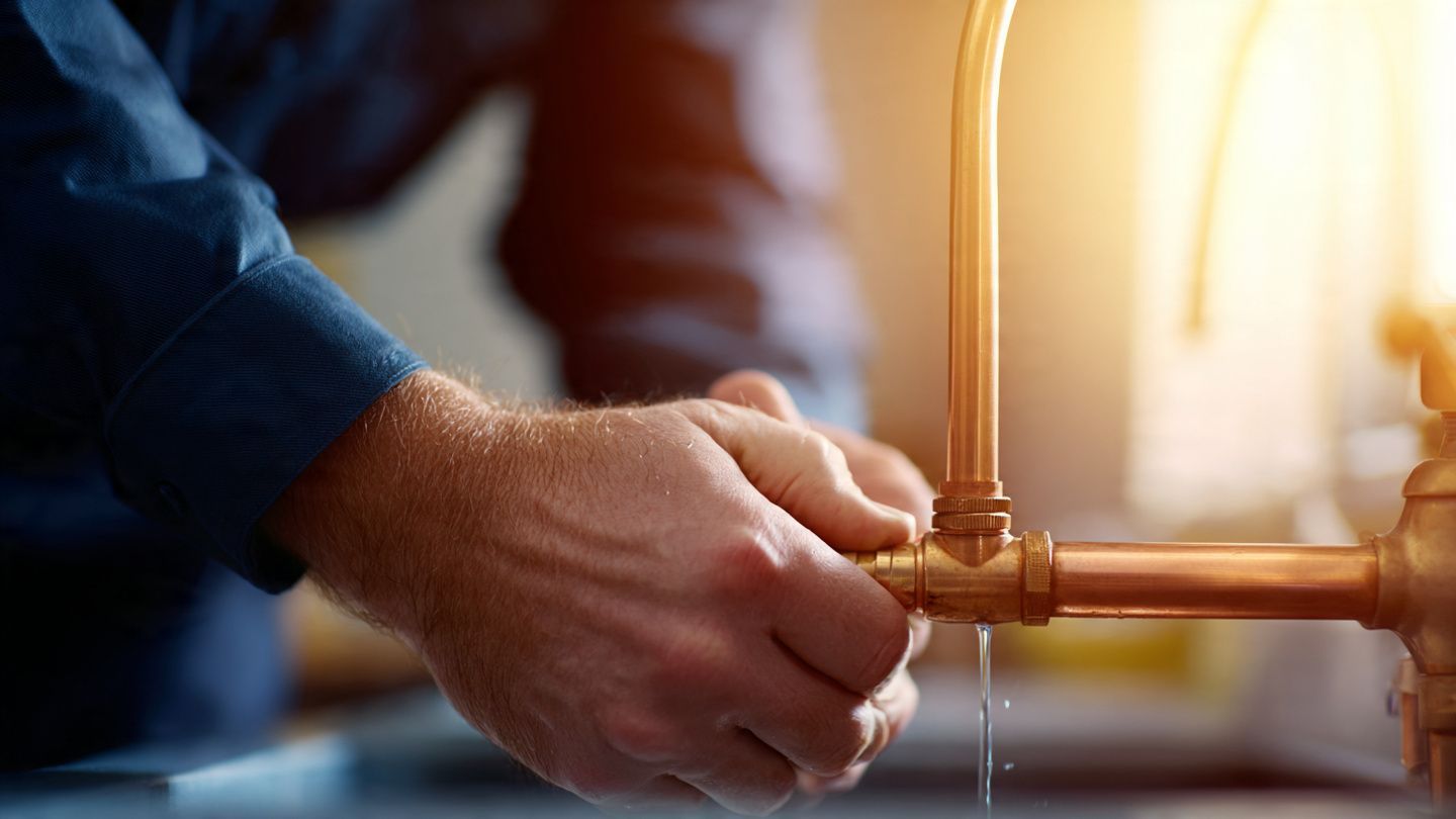 Hands adjusting a copper faucet with a small drip, lit by warm sunlight.