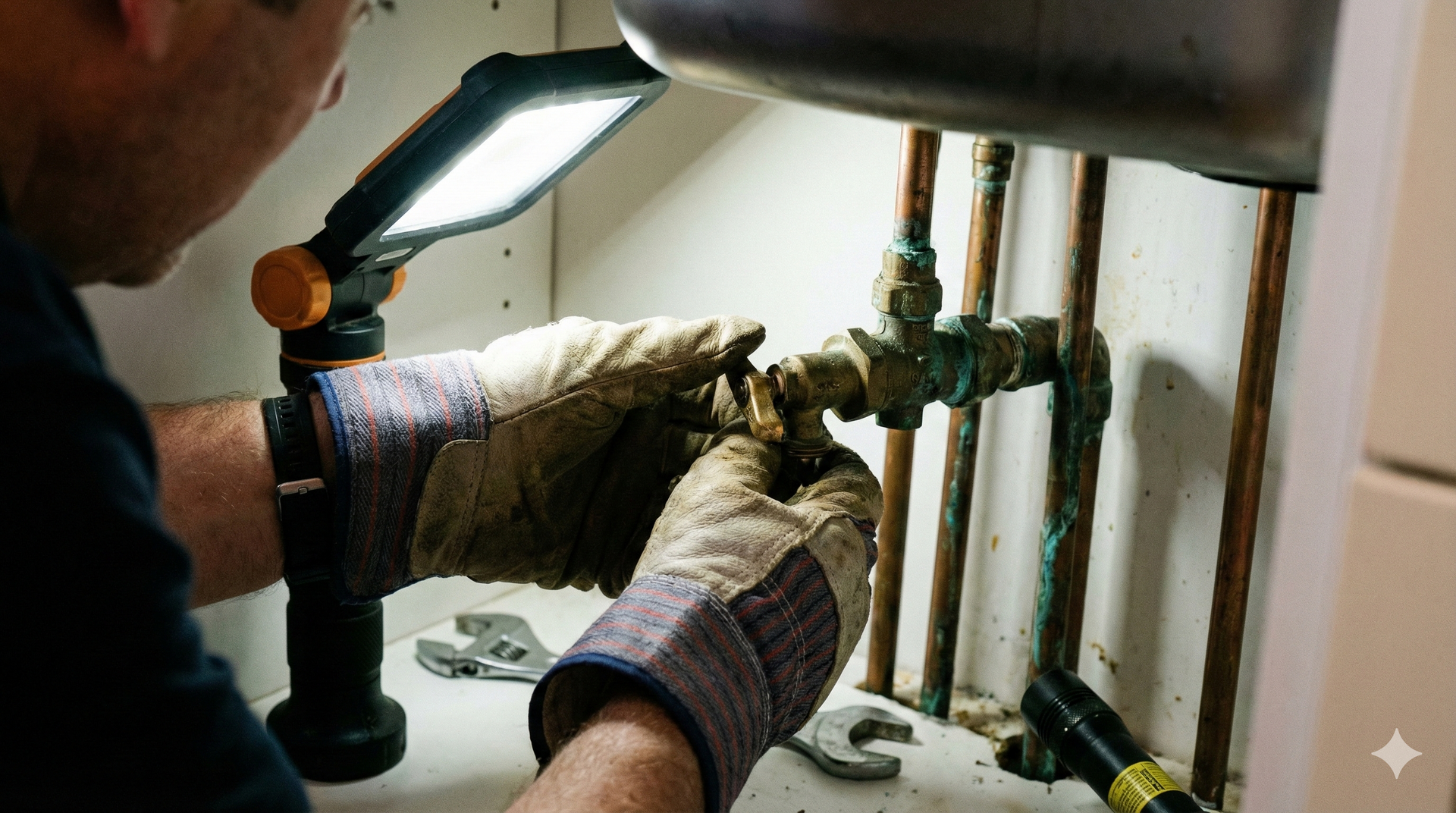 Plumber with work gloves repairs plumbing under a sink using a wrench, illuminated by a work light.