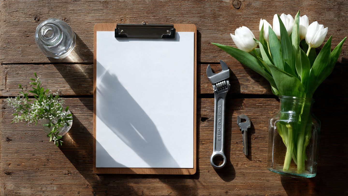 A blank clipboard lies on a wooden table beside a wrench, a small key, a sprig of greenery, and a vase of white tulips.
