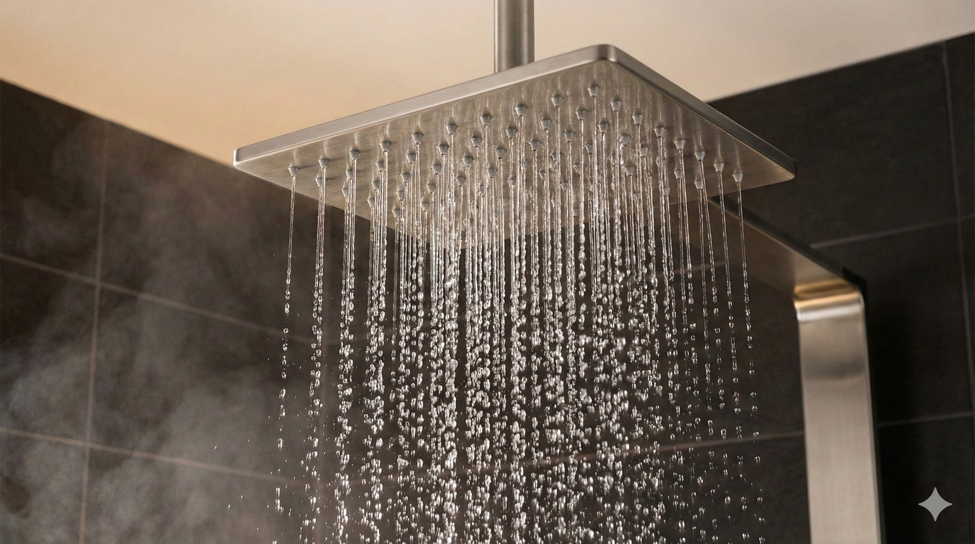 Square showerhead with water cascading down; steam visible.
