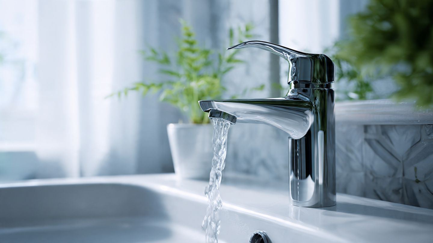 A shiny, chrome bathroom faucet flowing with water, set against a blurred background with a small potted plant.