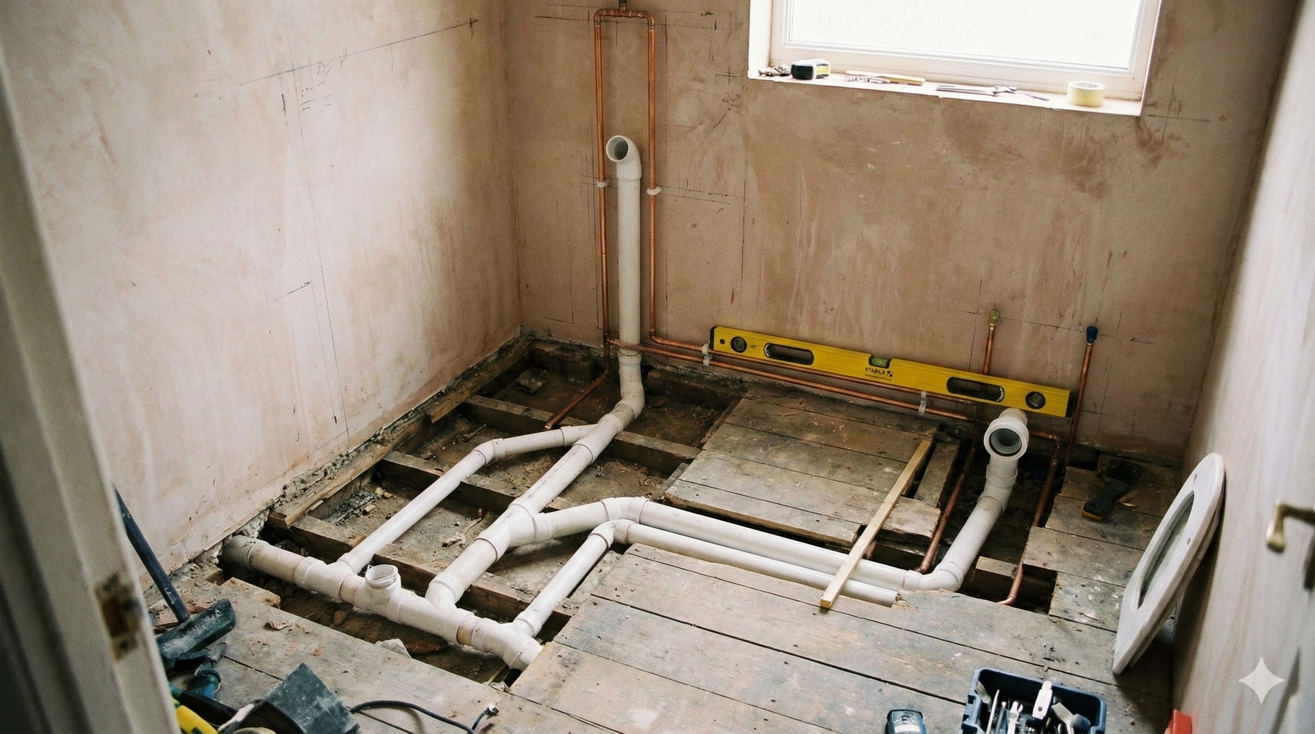 Bathroom renovation in progress with exposed plumbing and wooden floorboards.
