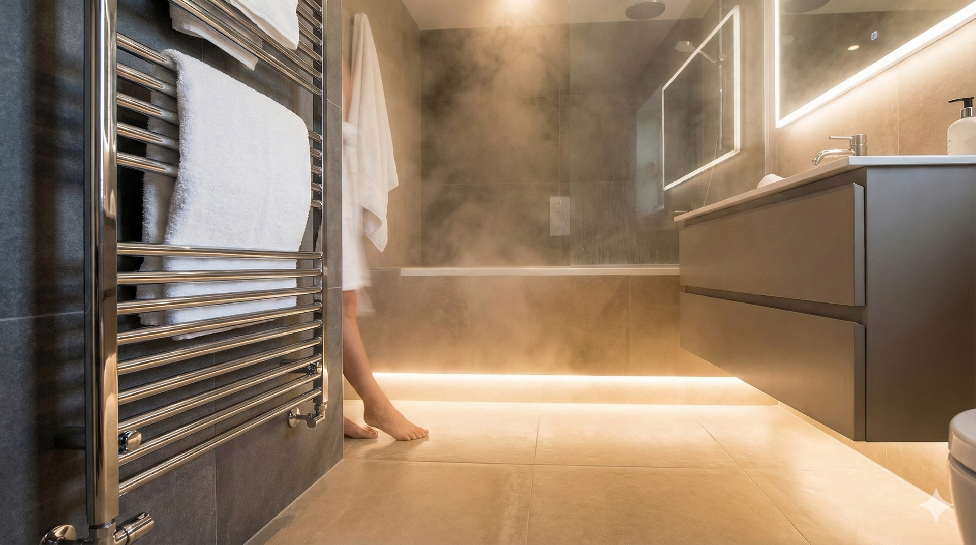 Steamy bathroom with a person standing near a bathtub. A heated towel rack with white towels is on the left.