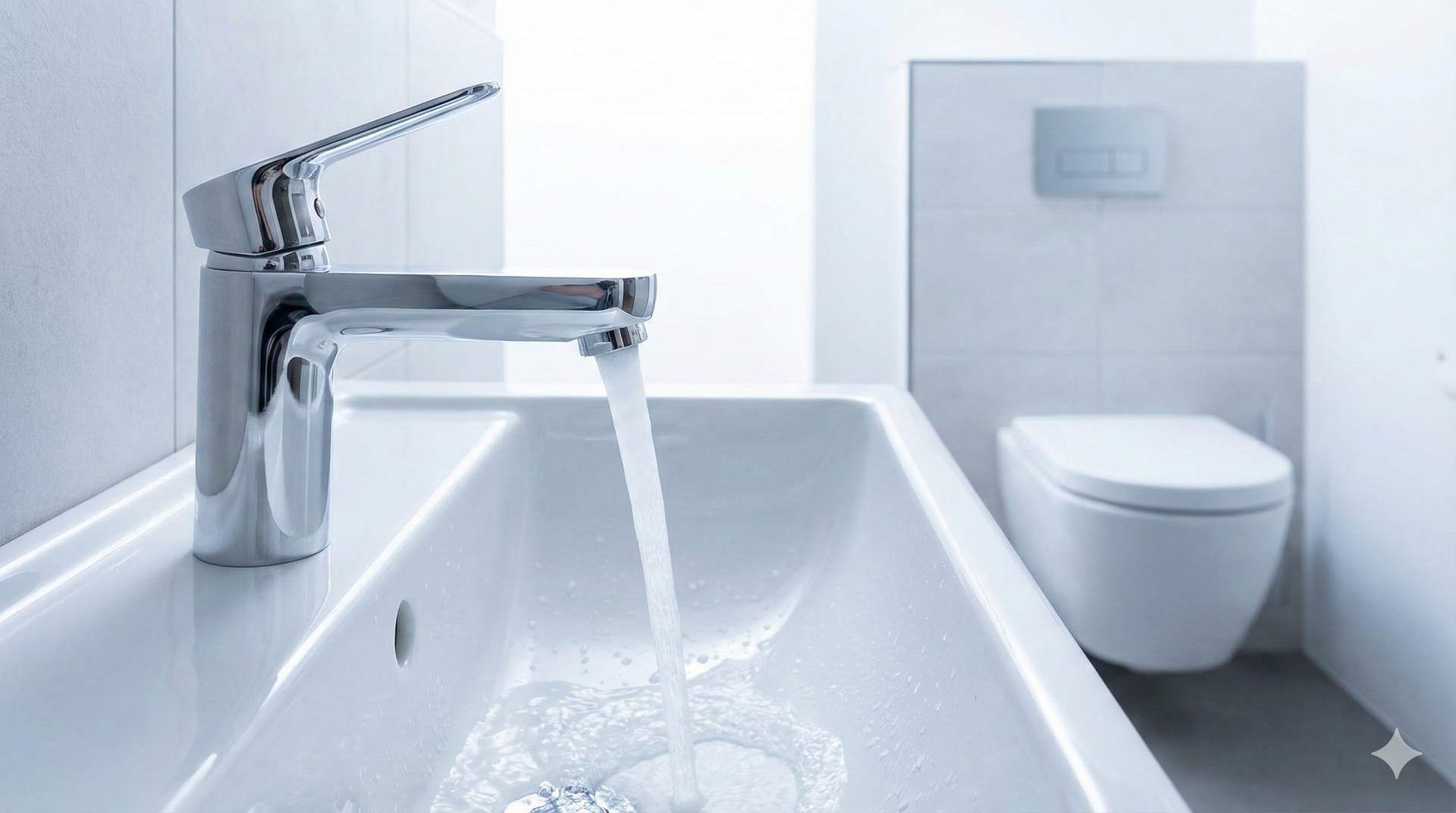 Water flowing from a chrome faucet into a white sink in a modern bathroom.