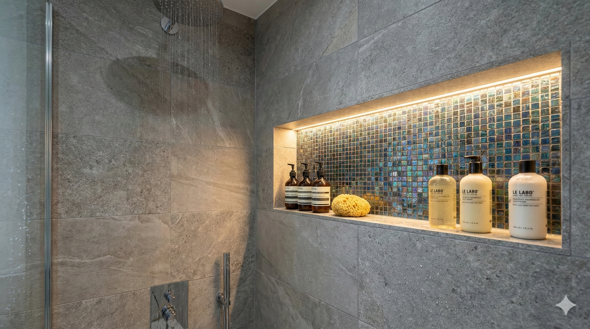 Shower with gray tiled walls, a built-in illuminated shelf with toiletries, and a rain showerhead.