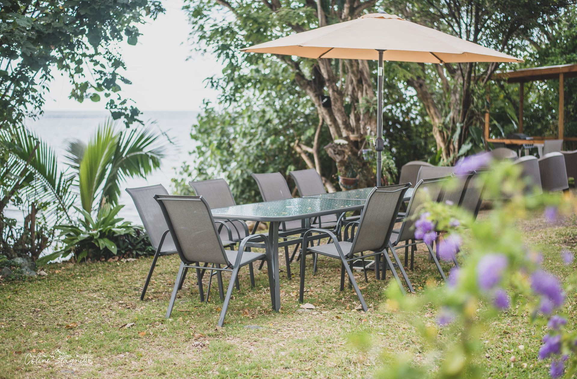 Il y a une table et des chaises sous un parasol dans l'herbe.