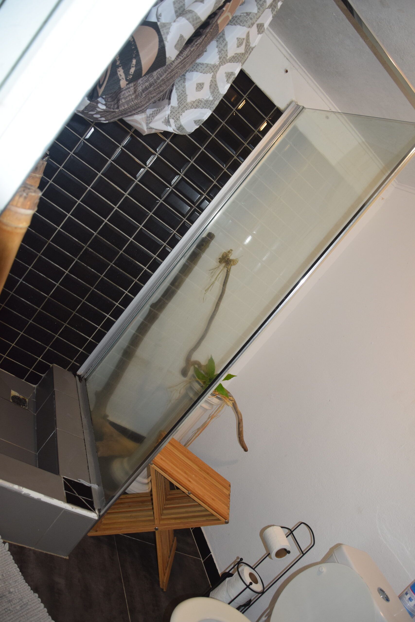 Une salle de bain avec du carrelage noir et une porte de douche cassée