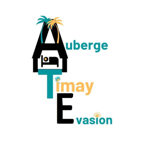 A logo for auberge timay evasion with a house and palm trees